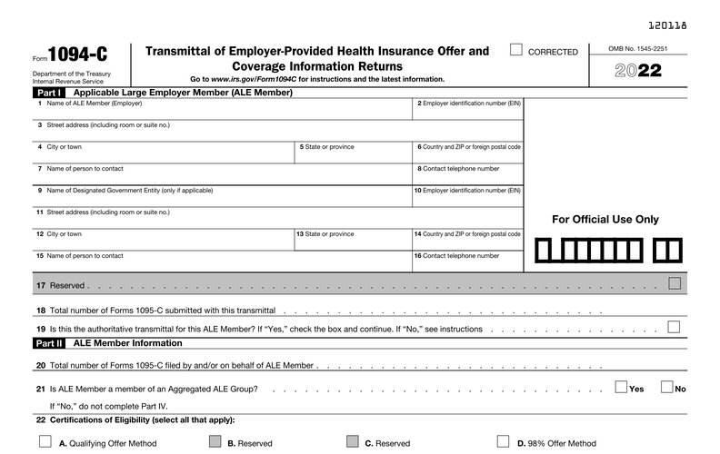 Document: Form 1094-C (Transmittal of Employer-Provided Health Insurance Offer and
Coverage Information Returns)