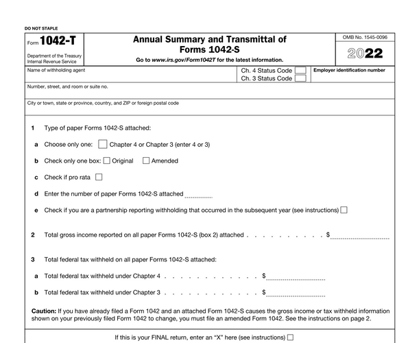 Document: Form 1042-T (Annual Summary and Transmittal of
Forms 1042-S)