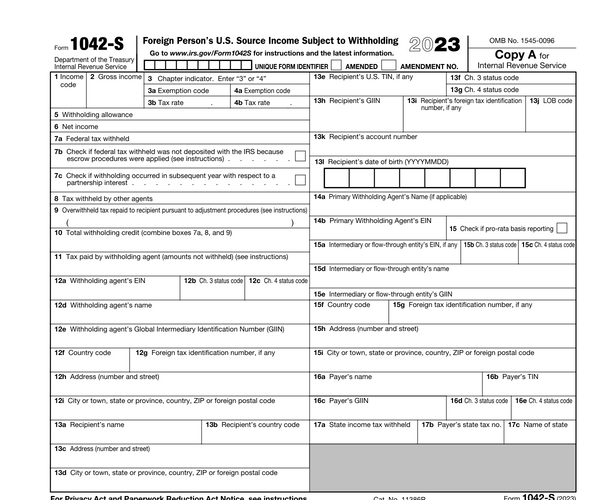 Document: Form 1042-S (Foreign Person’s U.S. Source Income Subject to Withholding)