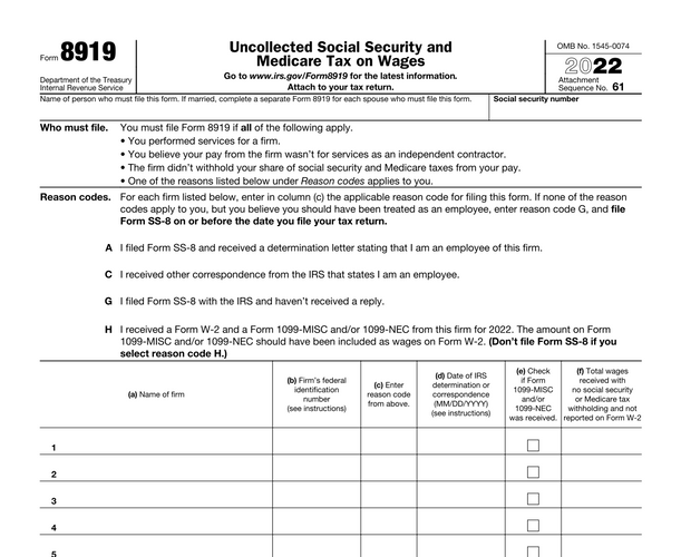 Document: Form 8919 (Uncollected Social Security and
Medicare Tax on Wages)